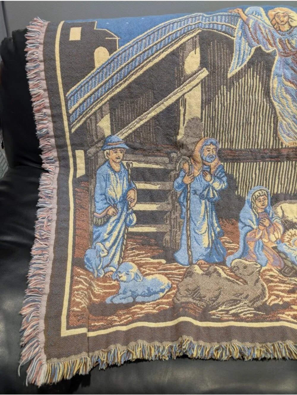 Goodwin Weavers Tapestry Throw Blanket Fringe Trim Nativity 46” X 55” Vintage